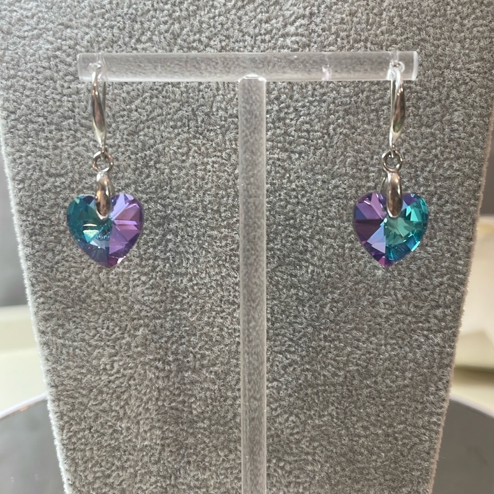 Heart Earrings-Light purple and blue twinkle crystal dangles on sterling…